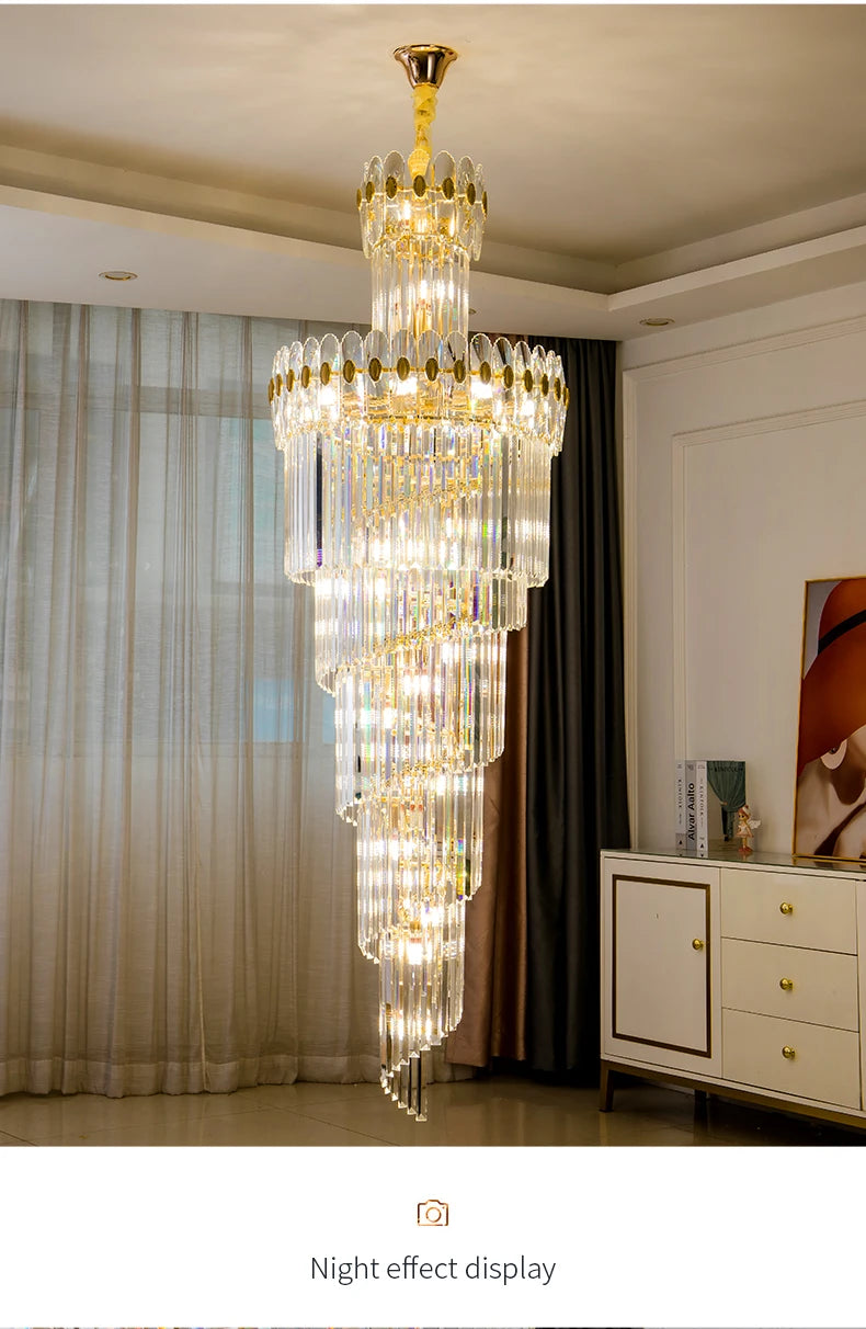 Post-Modern Duplex Villa Hall Crystal Chandelier Simple Light Luxury Jump Floor Floor Rotating Hollow Long Strip Crystal Chandel