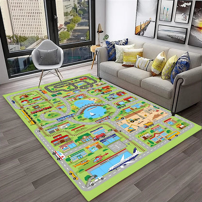 Child Playmat Traffic Highway City Playroom Carpet Rug for Home Living Room Bedroom Doormat Decor, Area Rug Non-slip Floor Mat