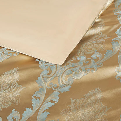 Floral Jacquard Satin Duvet Cover Set Queen 3 Piece Luxury Silk Like Bedding Comforter Covers with Zipper Closure & Corner Ties