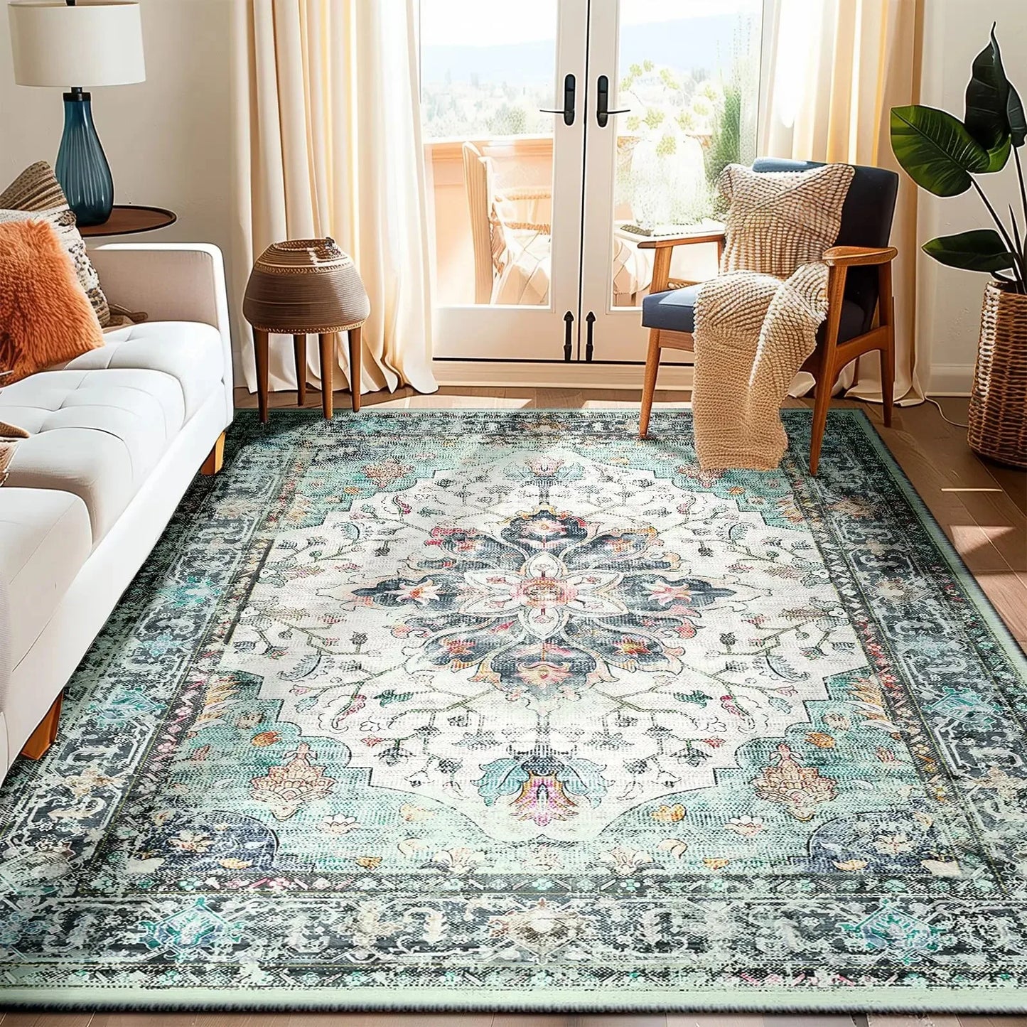 VIKAMA Boho Luxury Floral Loop-Pile Carpet - Chic Bohemian Area Rug for Living Room & Bedroom, Durable Non-Slip Mat Home Decor