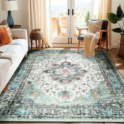 VIKAMA Boho Luxury Floral Loop-Pile Carpet - Chic Bohemian Area Rug for Living Room & Bedroom, Durable Non-Slip Mat Home Decor