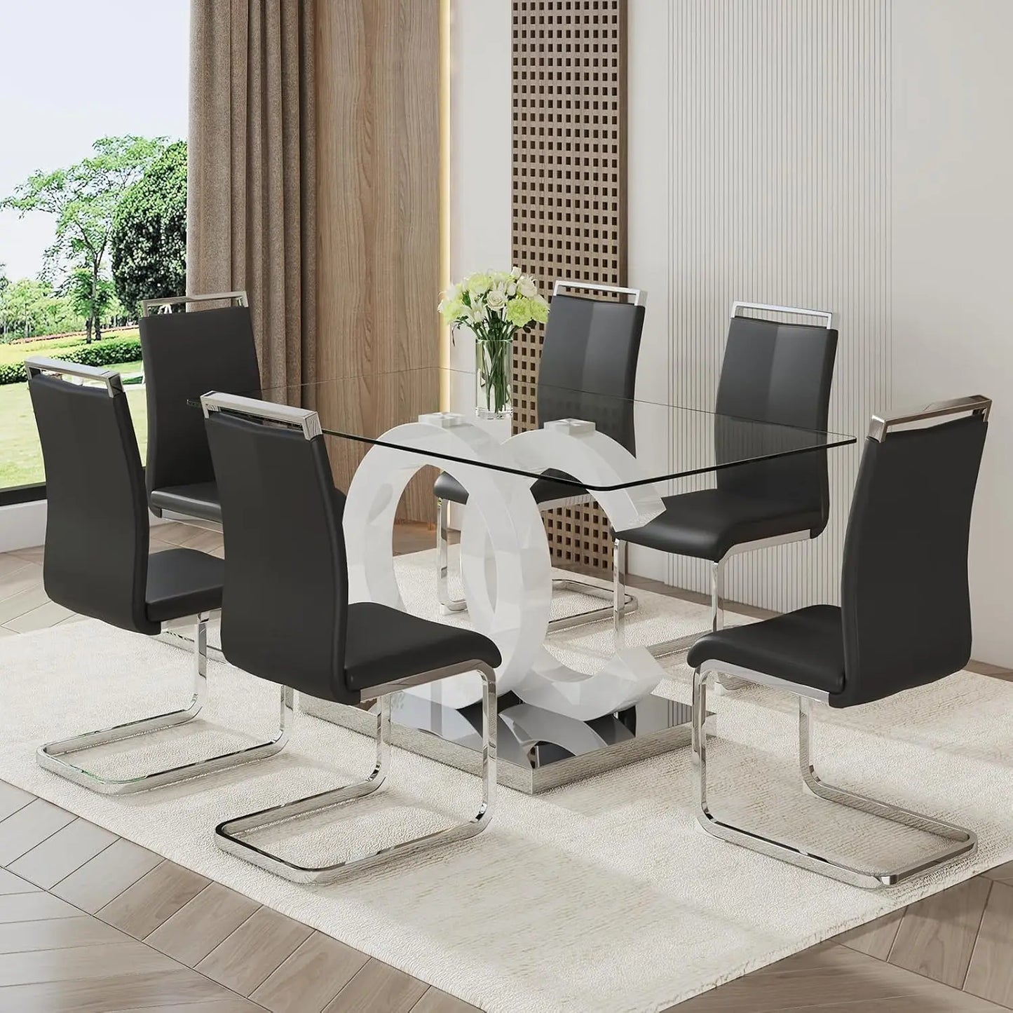 Glass Dining Table Set for 6 ,7 Piece Dining Table Set,Tempered Glass Table Top,PU Leather Ergonomic Dining Chairs Easy Assembly