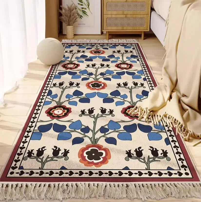 Morocco Bedroom Living Room Bedside Carpet Floor Mat Floral Kilim Cotton Linen Rectangular Rug Persian Tassel Carpet Tapis