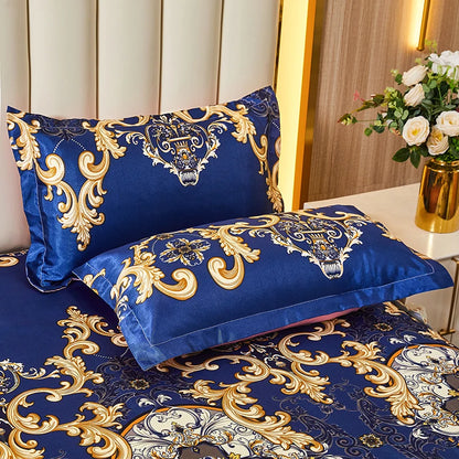 3pcs Set Luxury Classic Floral Bed Skirt with Pillowcase, Ice Silk Flower Print Bedding Set for Dorm, Bedroom, Guest Room Decor
