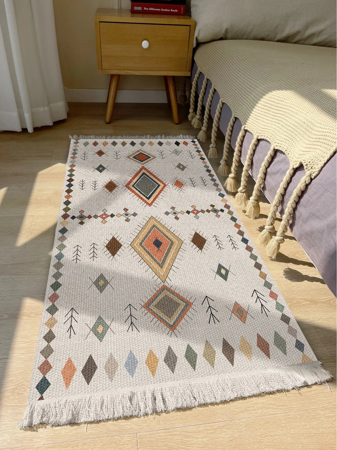 Handwoven cotton linen carpet retro Bohemian style square bedside geometric floor mat living room home decoration Bohemian manda