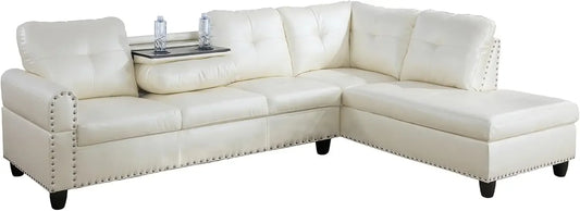 Shaped Sectional Couch with 70" Chaise Lounge, 98" Faux Leather Upholstered Modular Sofas with Right Armrest, Button Tufted