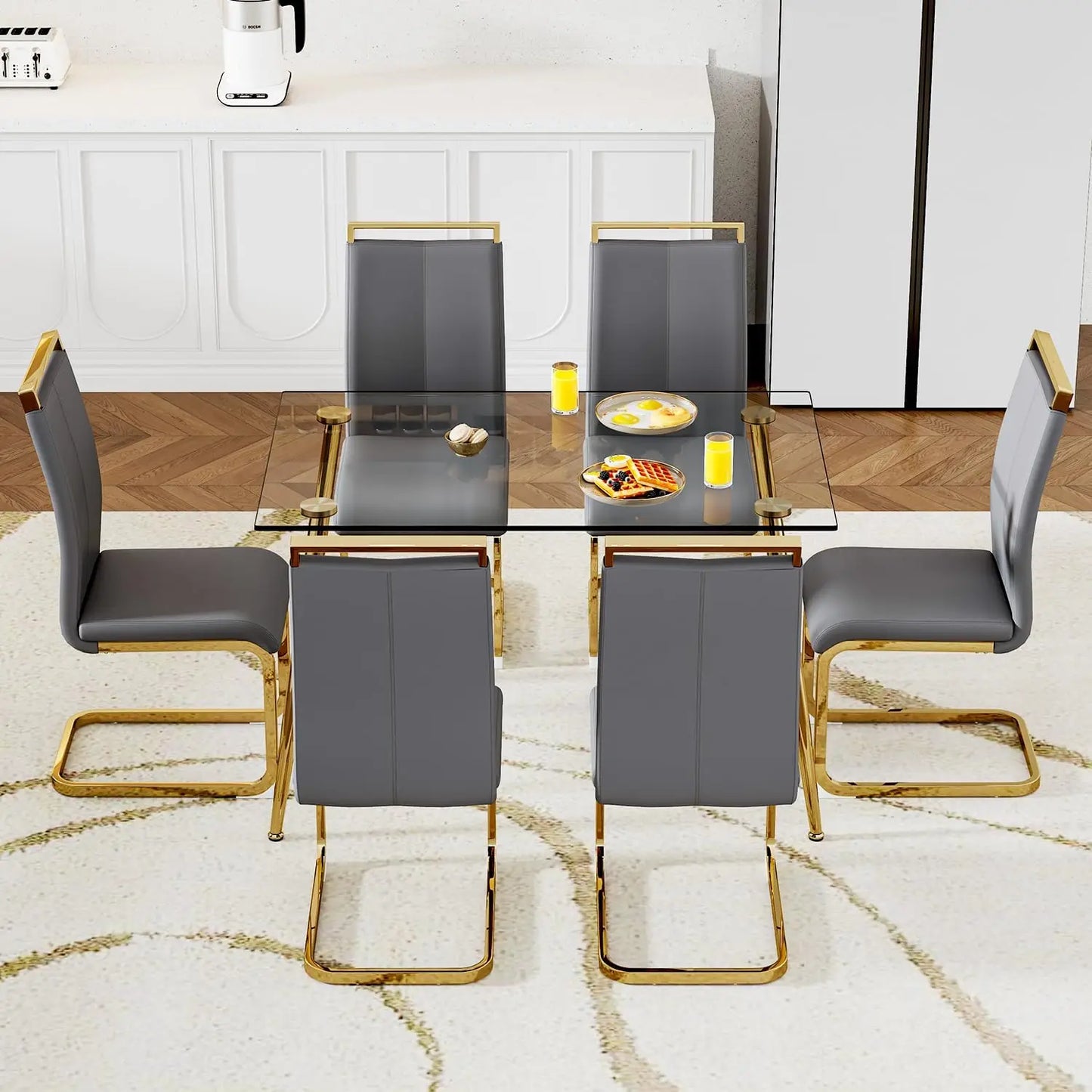 Glass Dining Table Set for 4,5 Piece Dining Table and Chairs Set，Modern Kitchen Dining Room Table with 4 Black PU Leather