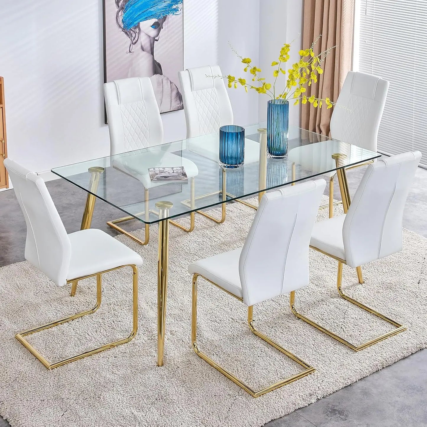Glass Dining Table Set for 4,5 Piece Dining Table and Chairs Set，Modern Kitchen Dining Room Table with 4 Black PU Leather