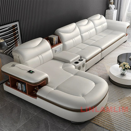 Modern L-Shaped Sectional Sofa with Chaise, Luxury Italian Genuine Leather Couch with adjustable headrest, Storage, USB, Console