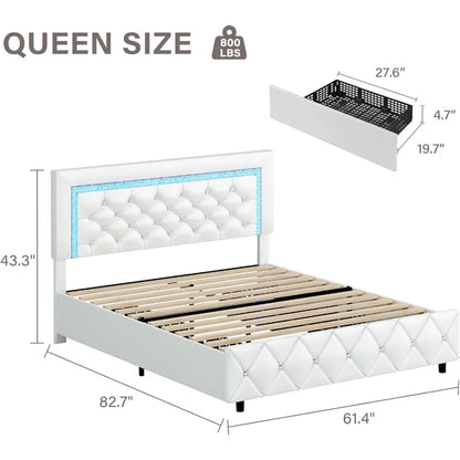 Queen Size Bed Frame with LED Lights, Upholstered Bed Frame with 4 Storage Drawers, with Diamond Headboard and Footboard