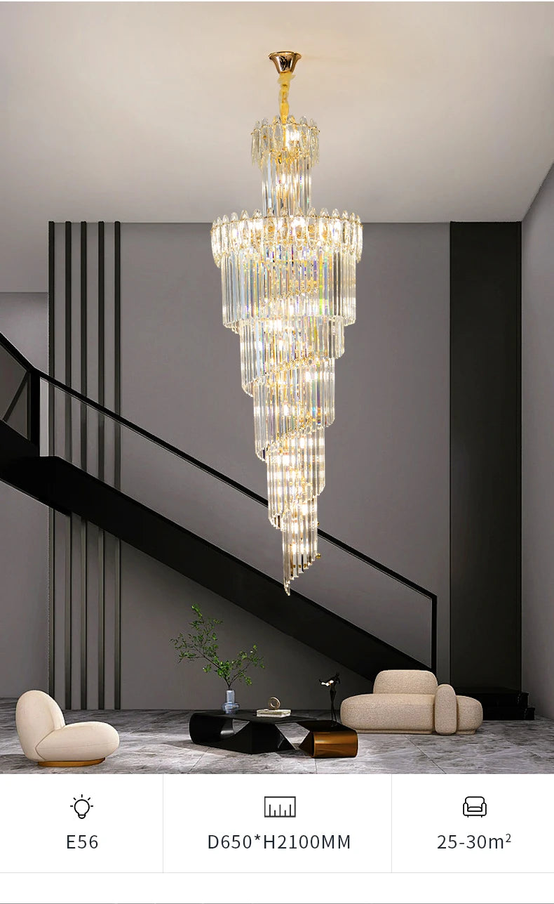Post-Modern Duplex Villa Hall Crystal Chandelier Simple Light Luxury Jump Floor Floor Rotating Hollow Long Strip Crystal Chandel
