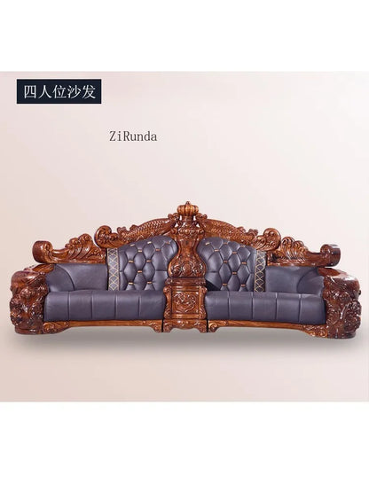 Ebony sofa leather combination, living room villa luxury solid wood furniture