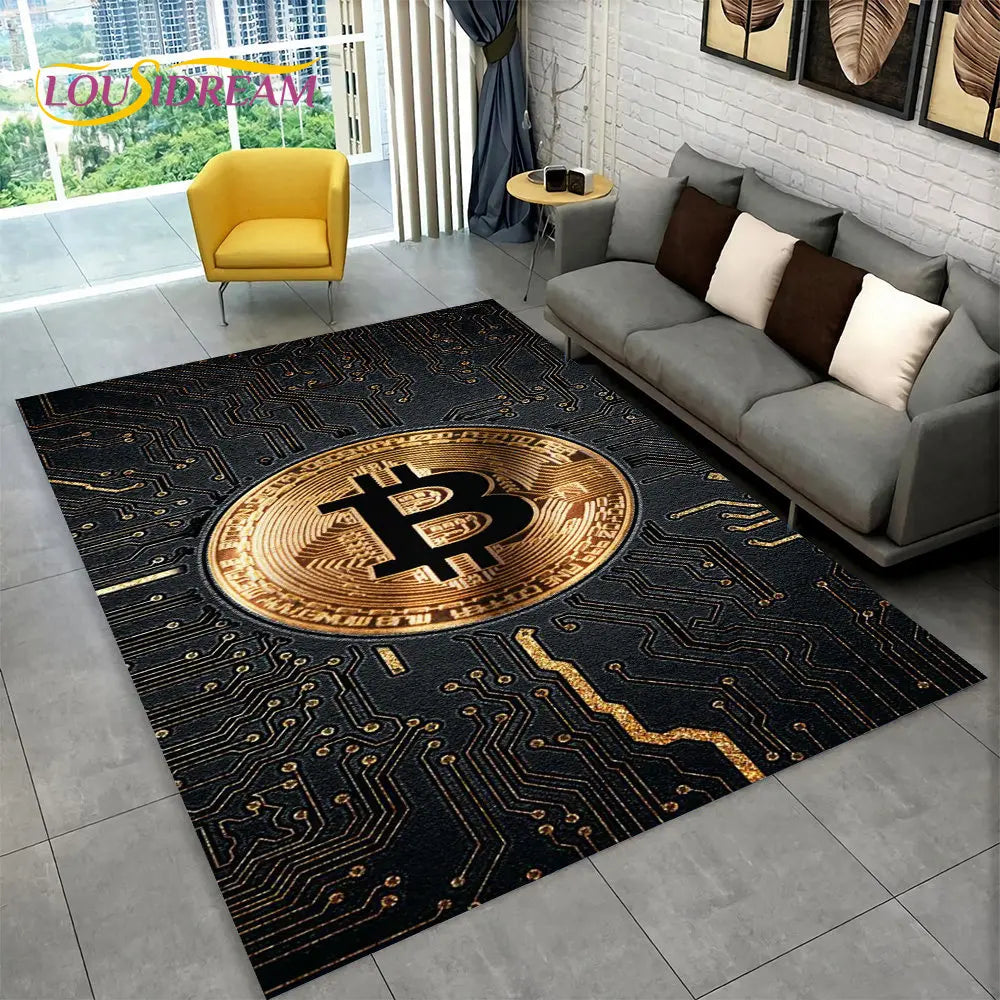 3D Bitcoin Virtual Currency Area Rug Large, Carpet Rug for Living Room Bedroom Sofa Playroom Doormat Decor, Kid Non-slip Floor Mat