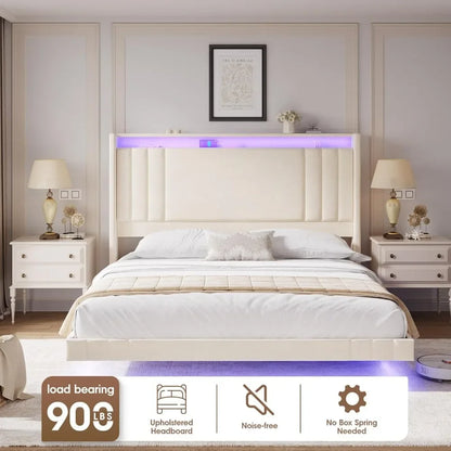 Floating Bed Frame, 50.8" Tall Headboard LED with Charging Station, Metal Platform Bed Frame, Upholstered Platform Beds Home
