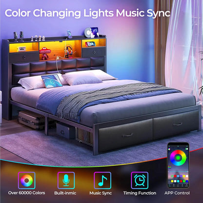 Bed Frame Full Size with Drawers and Charging Station, Upholstered Platform Bed with Storage Headboard and LED Light, Heavy Duty