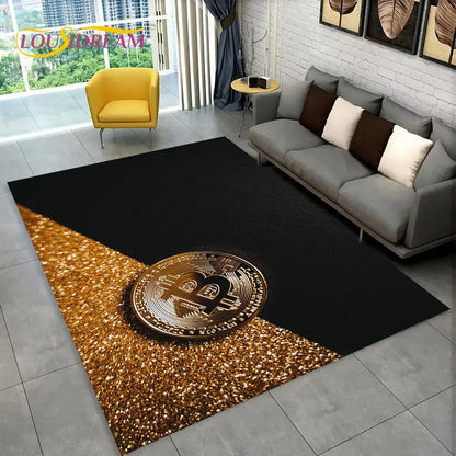 3D Bitcoin Virtual Currency Area Rug Large, Carpet Rug for Living Room Bedroom Sofa Playroom Doormat Decor, Kid Non-slip Floor Mat