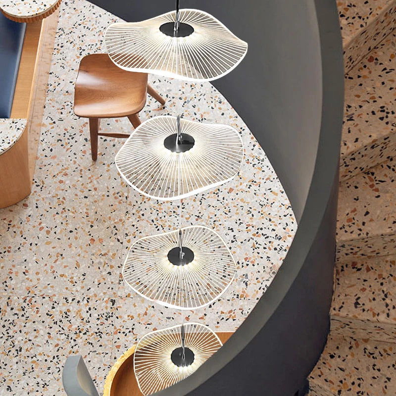 Led Staircase Pendant Lamp Modern Circular Lotus Leaf Living Room Chandelier Designer Villa Style Large Penthouse Chandelier