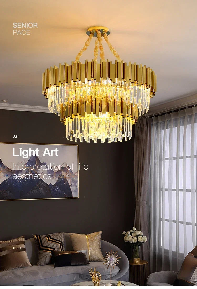 Light luxury golden luxury chandelier interior lighting hotel living room ceiling Led glossy lighting fixture crystal chandelier