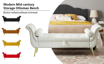 PU Leather Storage Benches End of Bed Vintage Flared Rolled Armed Bedroom Ottoman Bench Button Tufted Entryway Window
