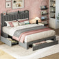 Queen Size Bed Frame with 3 Drawers, Upholstered Platform Beds with Storage Headboard and Charging Station