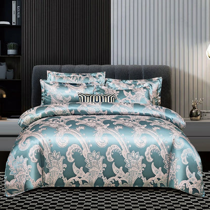 Floral Jacquard Satin Duvet Cover Set Queen 3 Piece Luxury Silk Like Bedding Comforter Covers with Zipper Closure & Corner Ties
