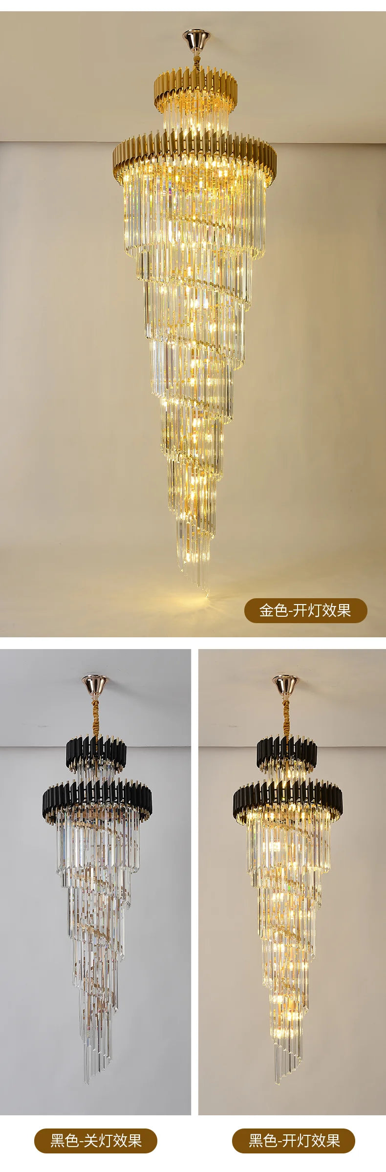 Post modern chandeliers, gold light luxury staircase lights, villa lights, black crystal lights, corner staircase 3-meter long l