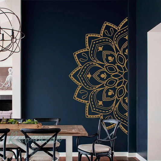 Mandala In Half Wall Sticker Vinyl Home Decor Room Boho Indian Meditation Yoga Decals Removable Self-adhesive Mural Gold G058