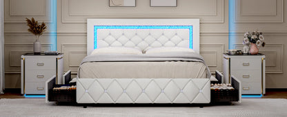 Queen Bed Frame with LED Lights, Upholstered Bed Frame with 4 Storage Drawers, Princess Platform Bed with Diamond Headboard