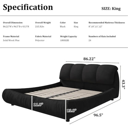Deluxe king-size upholstered platform bed with upholstered backrest, soft-framed cloud bed, thickened pine slats, metal legs