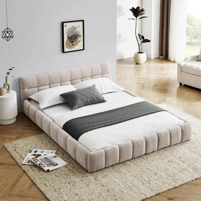 Queen Size Upholstered Grounded Bed with Bedside Desk and Stool,Upholstered Headboard,Grounded Upholstered Wood Base Bed Frame