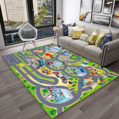 Child Playmat Traffic Highway City Playroom Carpet Rug for Home Living Room Bedroom Doormat Decor, Area Rug Non-slip Floor Mat