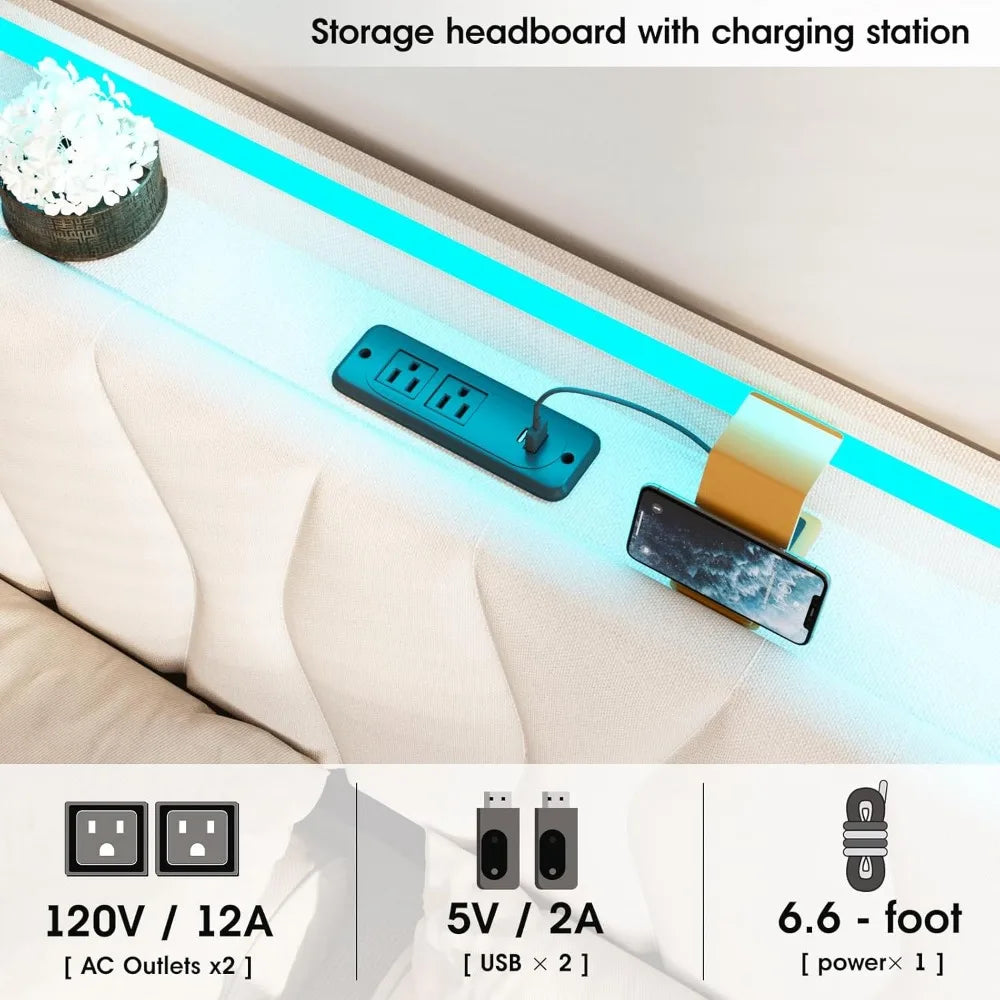 bedstead King Size Lift Up Storage, Height Adjustable Storage Headboard with Charging Station, LED Lights Platform Bed, bedstead
