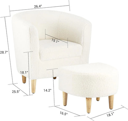 Accent Chair, Sherpa Chair White Fluffy Chair Teddy Barrel Chair with Ottoman Comfy ArmChair Footrest Set