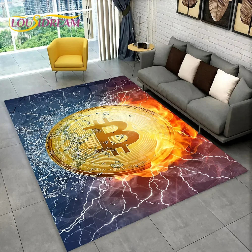 3D Bitcoin Virtual Currency Area Rug Large, Carpet Rug for Living Room Bedroom Sofa Playroom Doormat Decor, Kid Non-slip Floor Mat