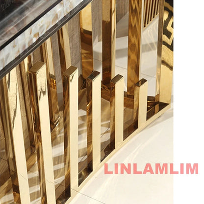 MINGDIBAO Dining Side Table with Sticking Seashells, Natural Marble Stainless Gold End Table, Handmade Coastal Style Furniture