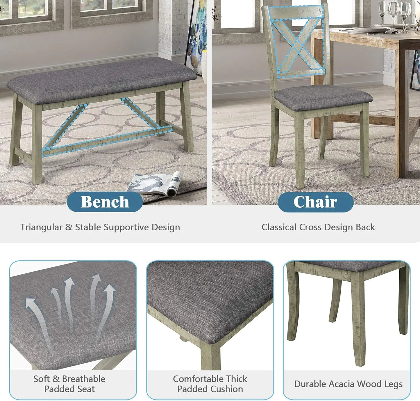6 Pieces Dining Table Set with Bench, Rectangle Dining Table with 4 Upholstered Chairs & A Bench, Rubber Wood Dining Table Set