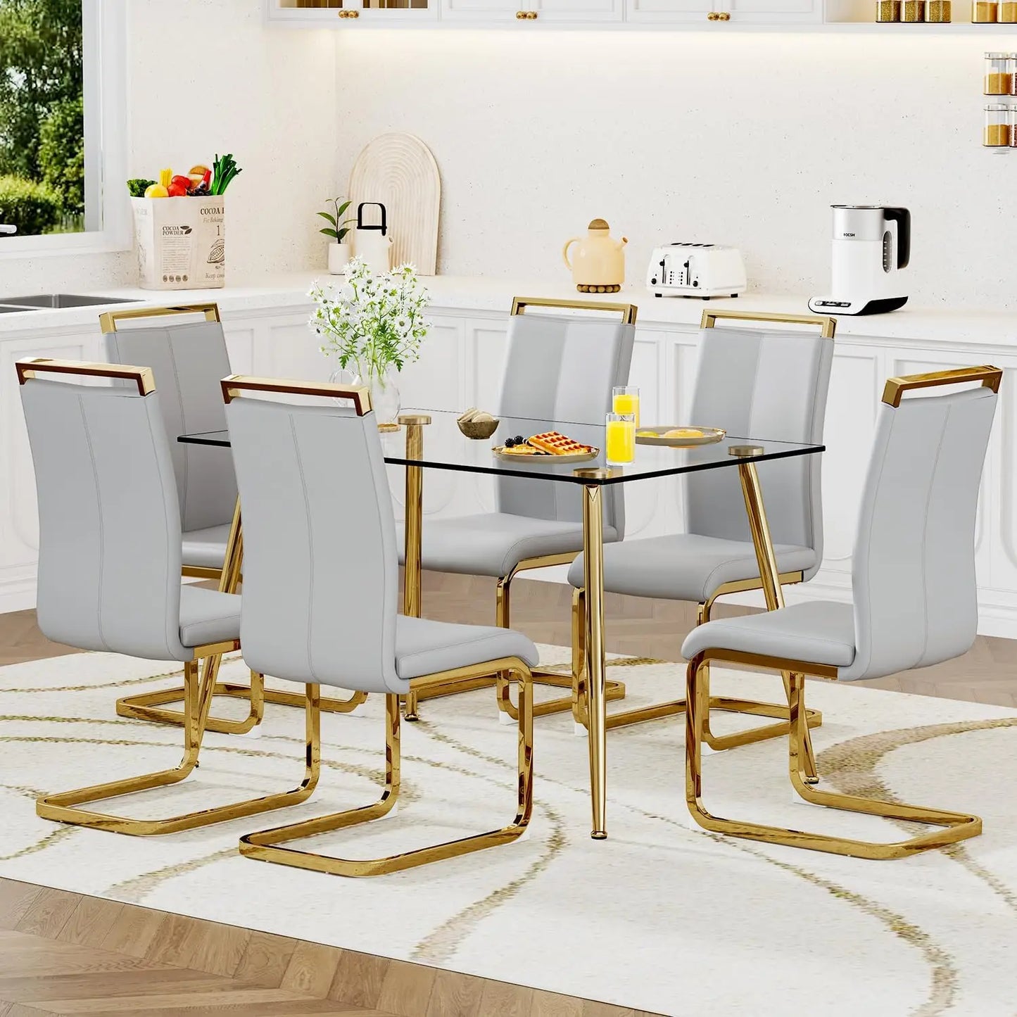 Glass Dining Table Set for 4,5 Piece Dining Table and Chairs Set，Modern Kitchen Dining Room Table with 4 Black PU Leather