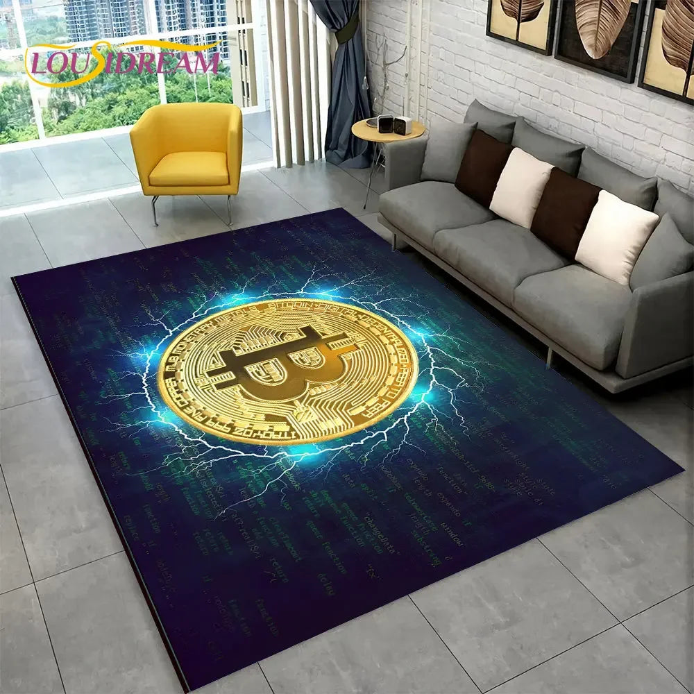 3D Bitcoin Virtual Currency Area Rug Large, Carpet Rug for Living Room Bedroom Sofa Playroom Doormat Decor, Kid Non-slip Floor Mat