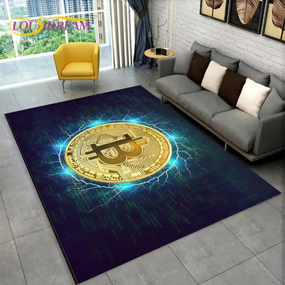 3D Bitcoin Virtual Currency Area Rug Large, Carpet Rug for Living Room Bedroom Sofa Playroom Doormat Decor, Kid Non-slip Floor Mat