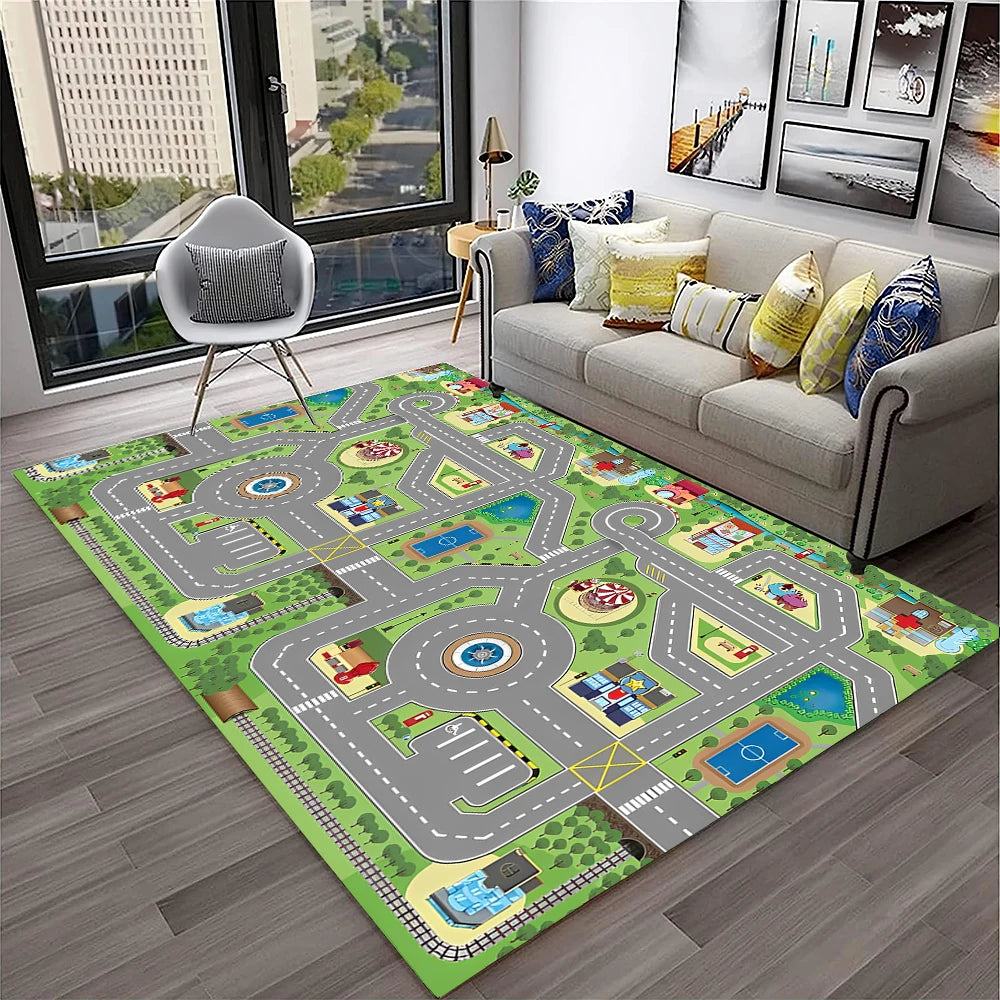 Child Playmat Traffic Highway City Playroom Carpet Rug for Home Living Room Bedroom Doormat Decor, Area Rug Non-slip Floor Mat