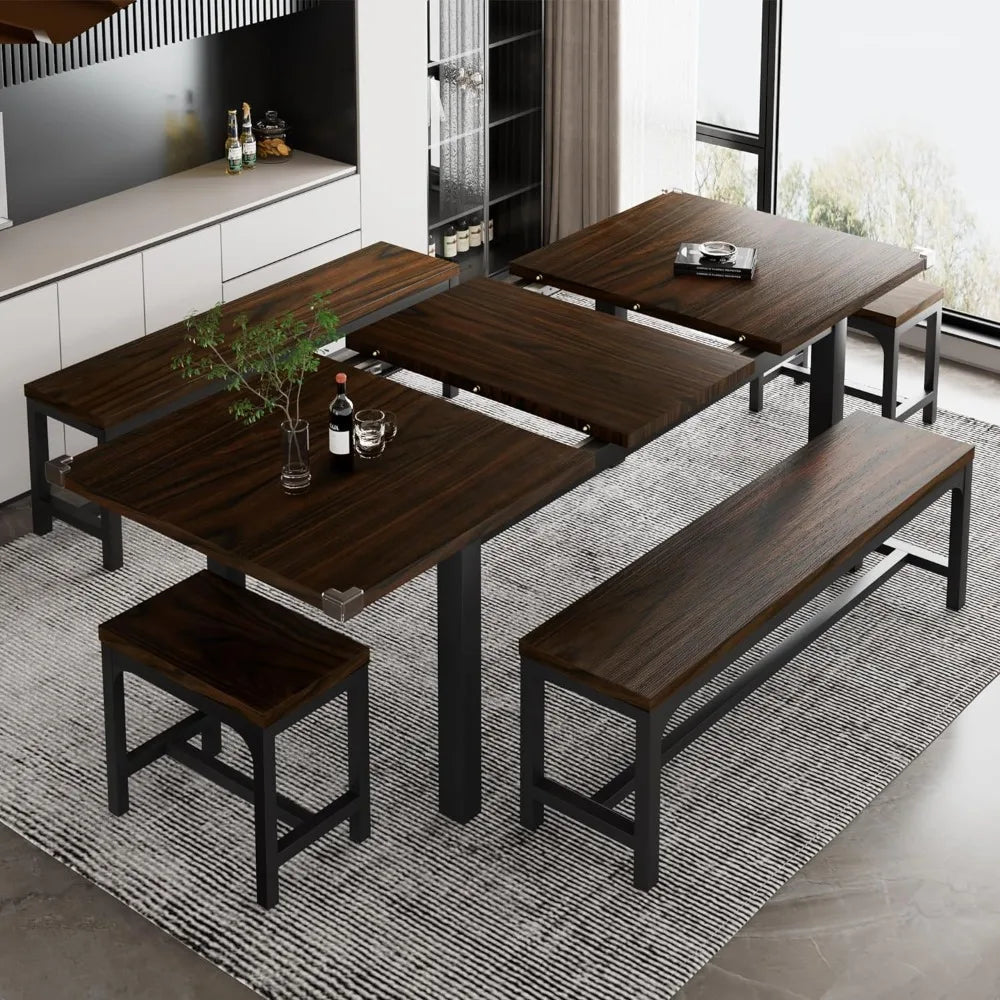 Dining Table Set for 4-8 People, Extendable Kitchen Table Set with 2 Benches and 2 Square Stools