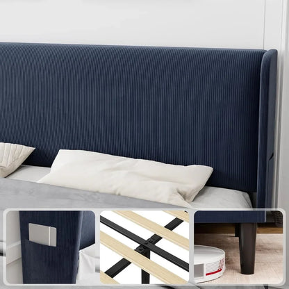 Bed Frame with Wingback & 2 Storage Pockets,  Upholstered Headboard, Solid Wood Slats Support, Velvet Platform Beds Bedroom