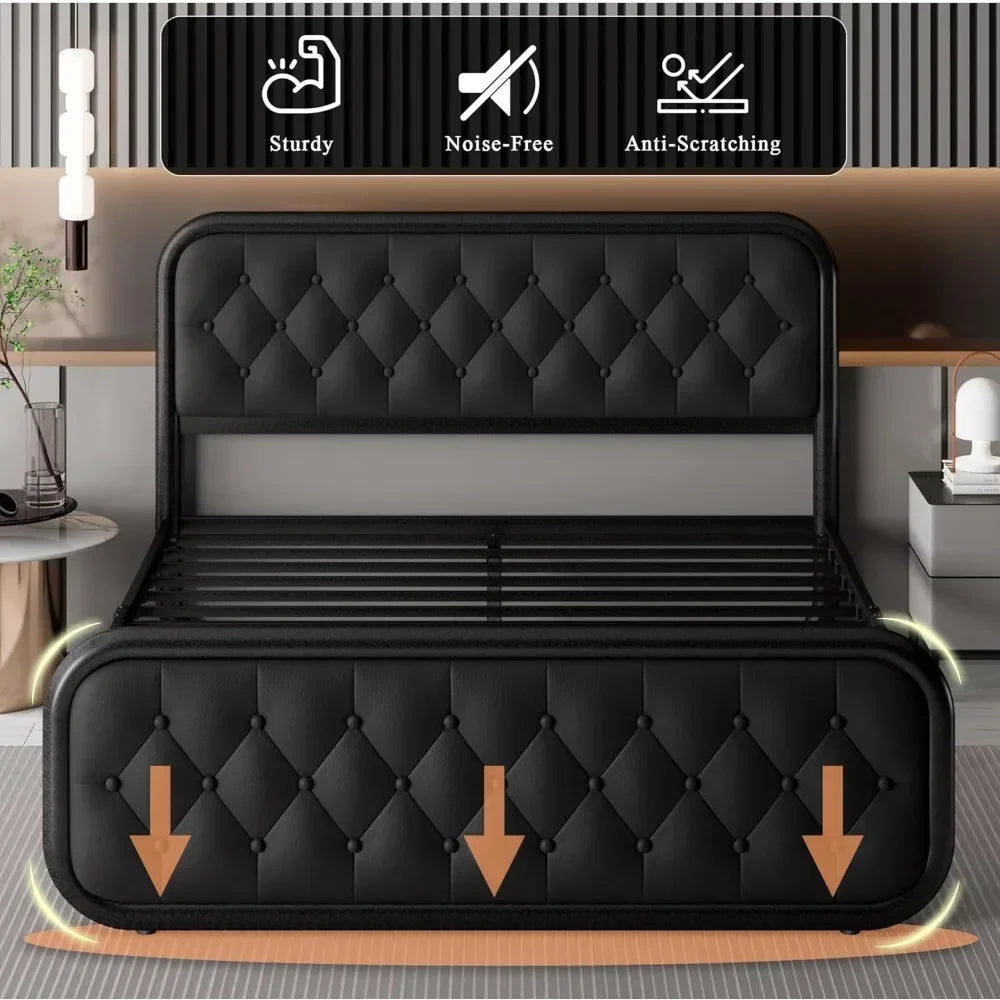Heavy Duty Bed Frame with Faux Leather Headboard, Upholstered Platform Bed with Strong Metal Slats, 12" Under-Bed Storage