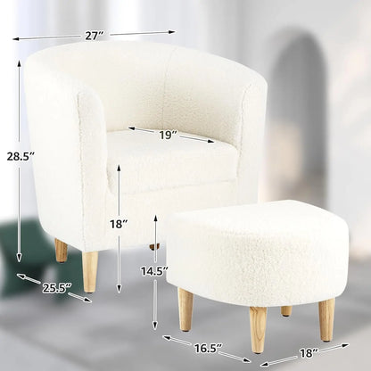 Accent Chair, Sherpa Chair White Fluffy Chair Teddy Barrel Chair with Ottoman Comfy ArmChair Footrest Set