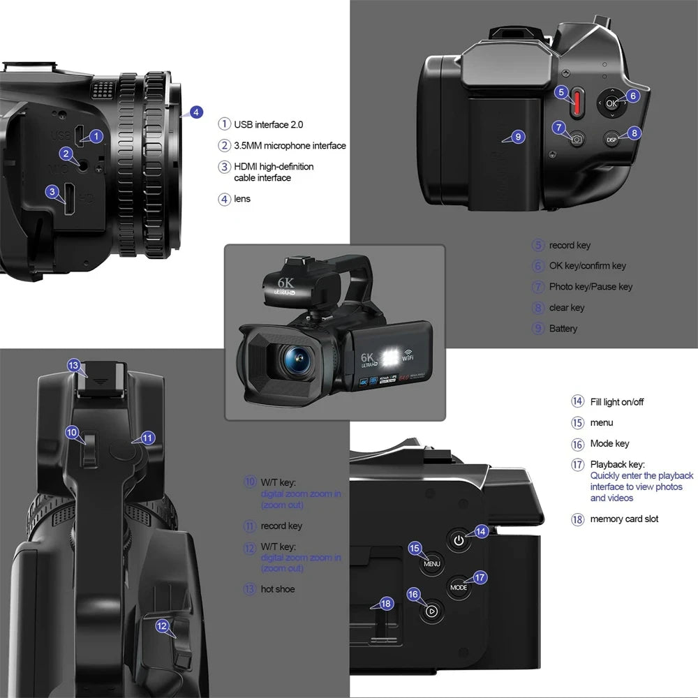 6K Ultra HD Professional Video Cameras for Photography 18X Digital Zoom YouTube Live Streaming Camcorders 64MP Vlogging Recorder