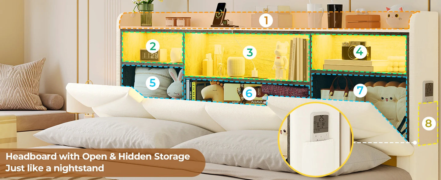 Bed Frame, with Storage Headboard and Power Outlet, Floating Platform Bed with LED Lights, Wood Slats Support, Bedroom Bed
