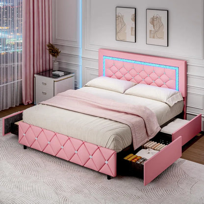 Queen Size Bed Frame with LED Lights, Upholstered Bed Frame with 4 Storage Drawers, with Diamond Headboard and Footboard