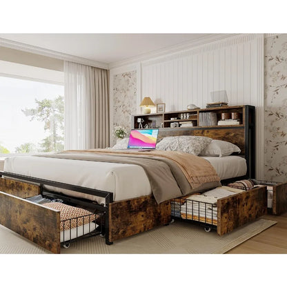 Queen Bed Frame with 6 Storage Drawers,Headboard,Charging Station & Storage No Noise,No Box Springs Needed,Vintage Brown.
