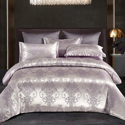Floral Jacquard Satin Duvet Cover Set Queen 3 Piece Luxury Silk Like Bedding Comforter Covers with Zipper Closure & Corner Ties