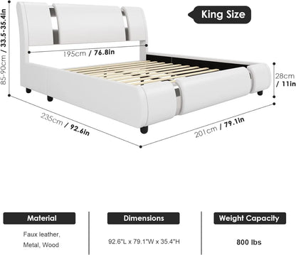Modern Faux Leather Upholstered Platform Bed Frame with Golden Iron Metal Decor, Adjustable Curved Headboard, Queen Size, White